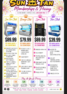 Cleveland pricing sheet. Sun Tan Club $89.99 with $0 enrollment. Bronze Club $79.99 with $19 enrollment. Spa Club $69.99 with $19 enrollment. Tan Club $39.99 with $19 enrollment. No commitment.