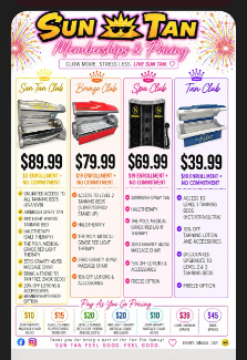 Dahlonega pricing sheet. Sun Tan Club $89.99 with $0 enrollment. Bronze Club $79.99 with $19 enrollment. Spa Club $69.99 with $19 enrollment. Tan Club $39.99 with $19 enrollment. No commitment.