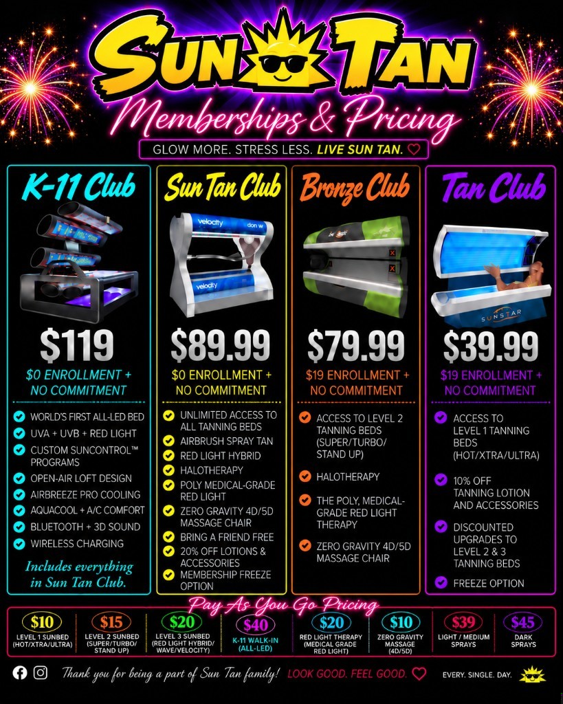 Dawsonville pricing sheet. K-11 Club $119 with $0 enrollment. Sun Tan Club $89.99 with $0 enrollment. Bronze Club $79.99 with $19 enrollment. Tan Club $39.99 with $19 enrollment. No commitment.