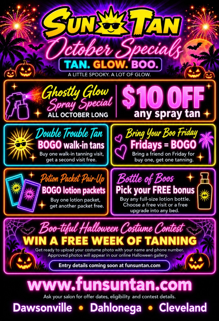 Sun Tan October specials poster. Tan. Glow. Boo.
